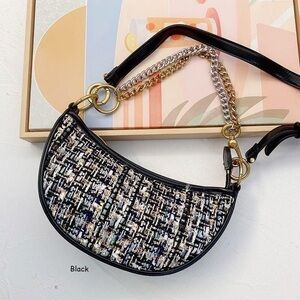 Charles & Keith Tweed Crescent Crossbody Zip Double Chain